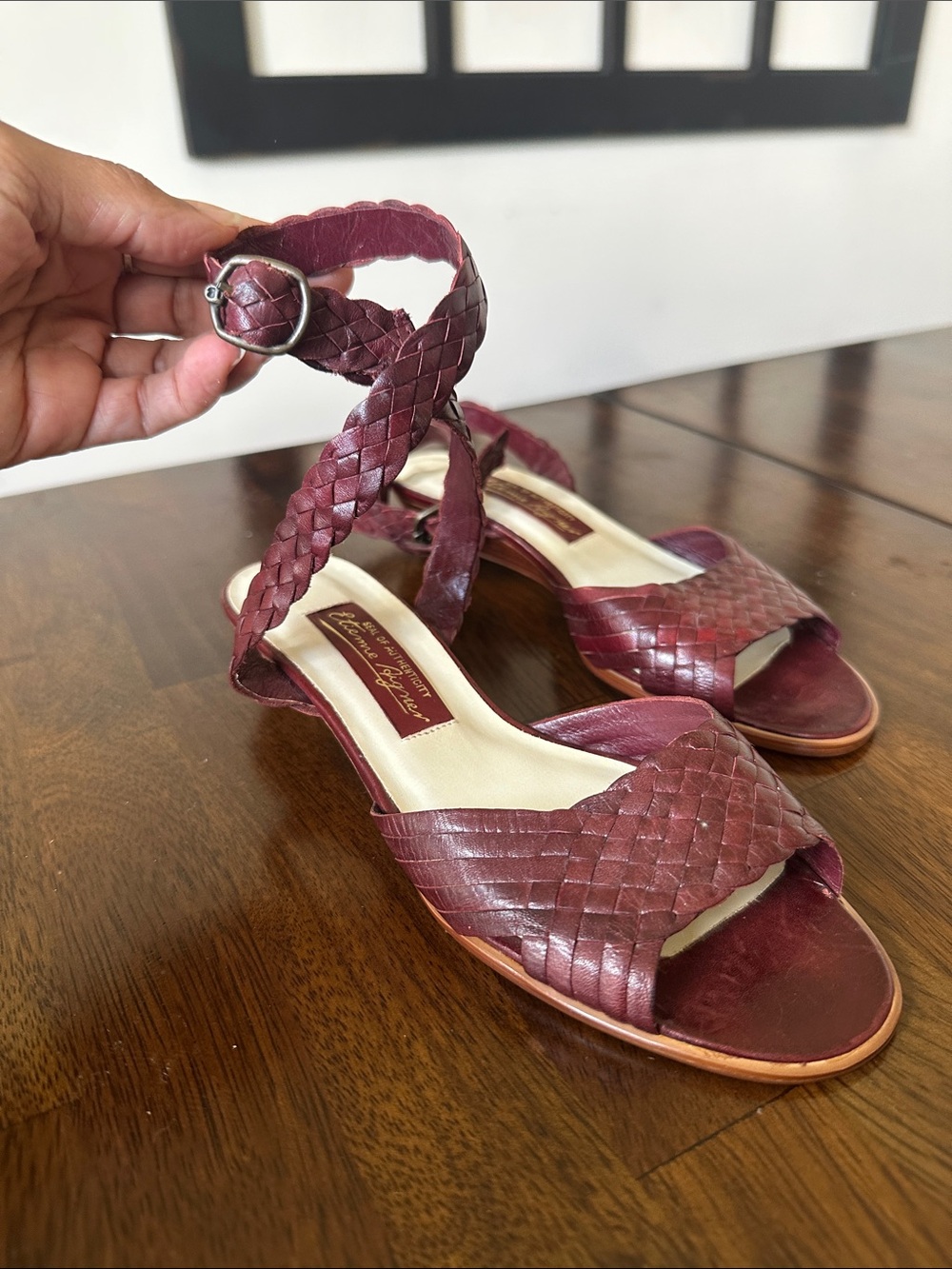 Vintage Etienne Aigner Braided Leather Ankle-Strap Wedge Sandals in Burgundy NEW